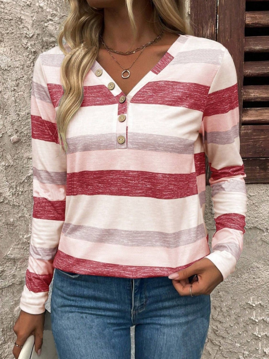 Contrast Striped V - Neck Long Sleeve T-Shirt - Bitsy Gypsy Boutique