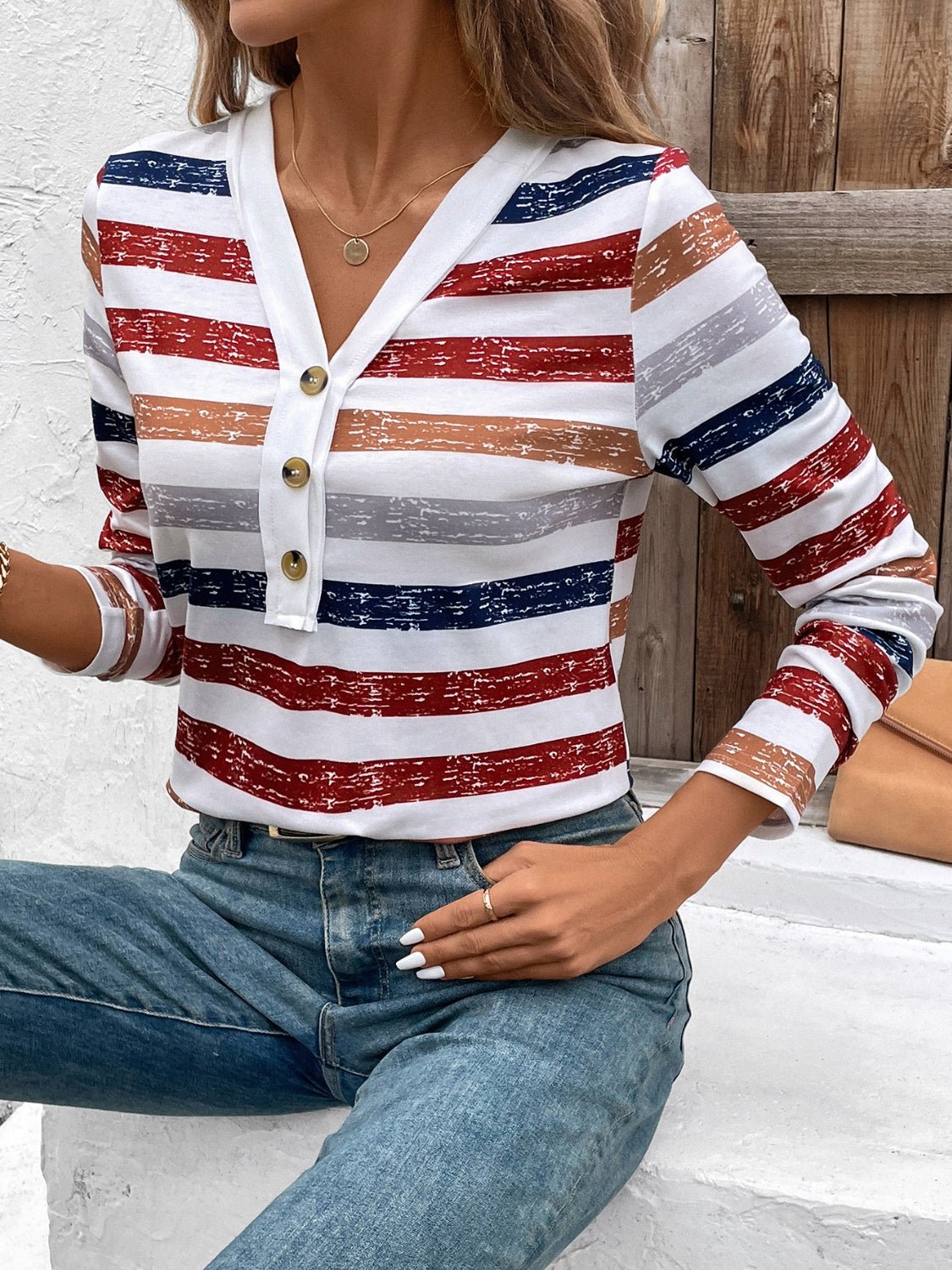 Contrast Striped V - Neck Long Sleeve T-Shirt - Bitsy Gypsy Boutique