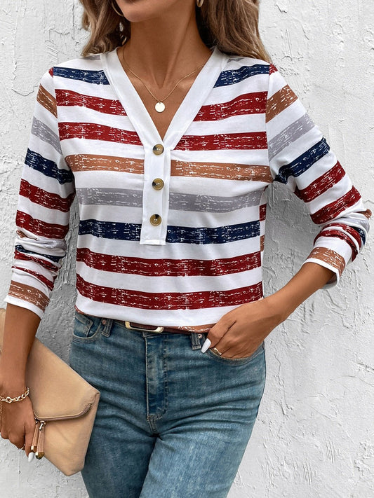 Contrast Striped V - Neck Long Sleeve T-Shirt - Bitsy Gypsy Boutique