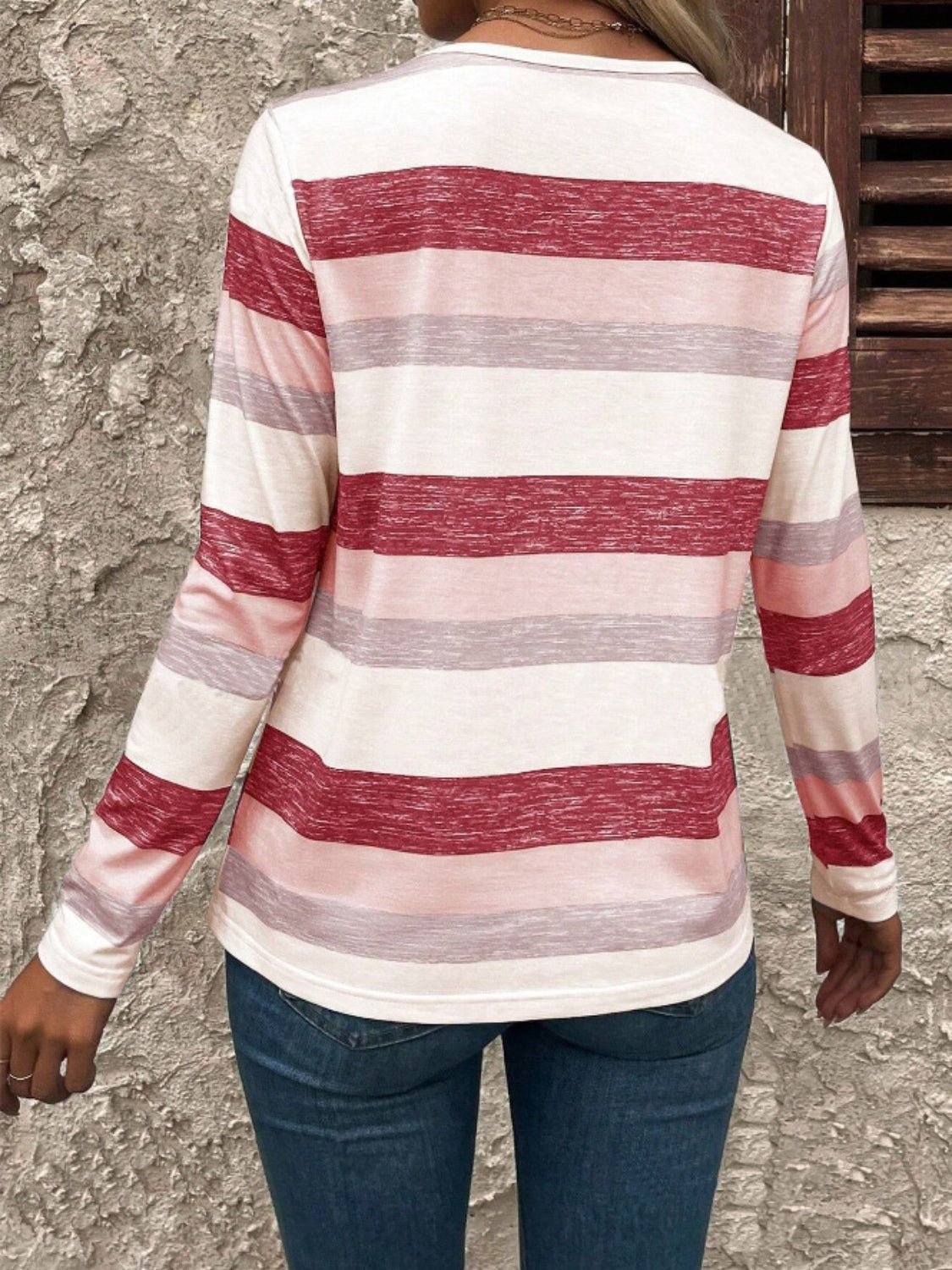 Contrast Striped V - Neck Long Sleeve T-Shirt - Bitsy Gypsy Boutique