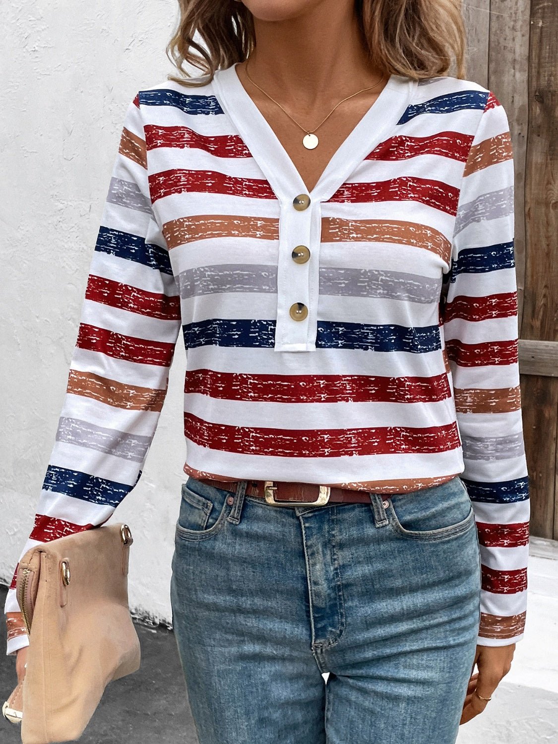 Contrast Striped V - Neck Long Sleeve T-Shirt - Bitsy Gypsy Boutique