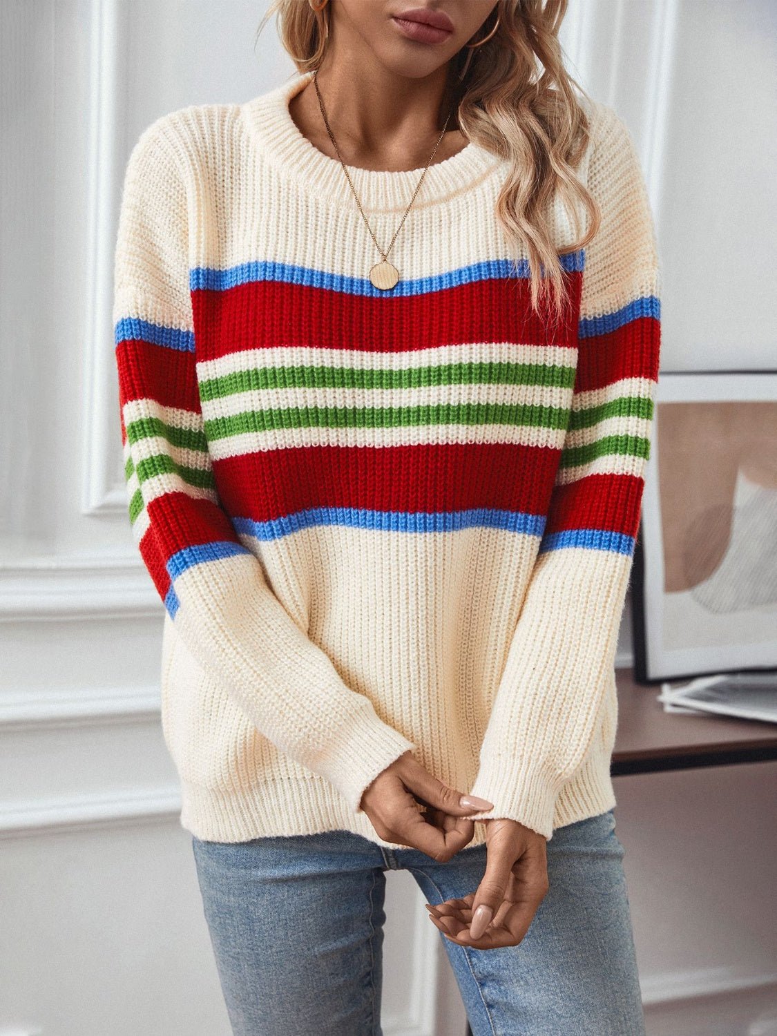 Contrast Stripes Round Neck Long Sleeve Sweater - Bitsy Gypsy Boutique