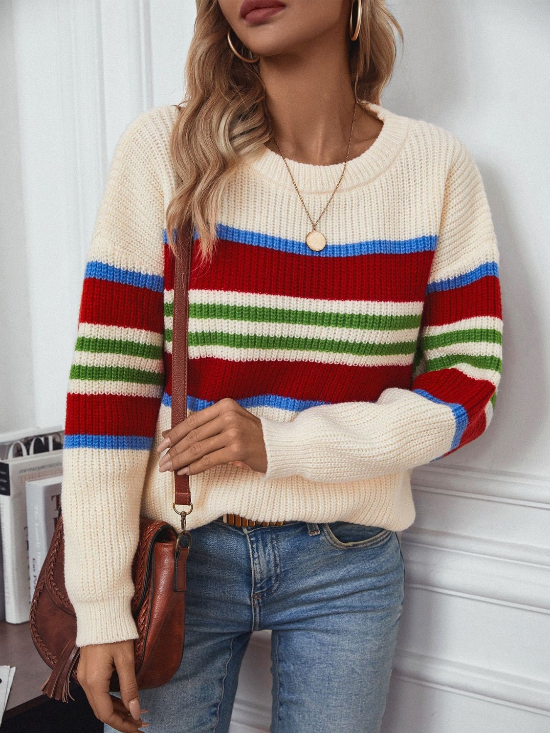 Contrast Stripes Round Neck Long Sleeve Sweater - Bitsy Gypsy Boutique