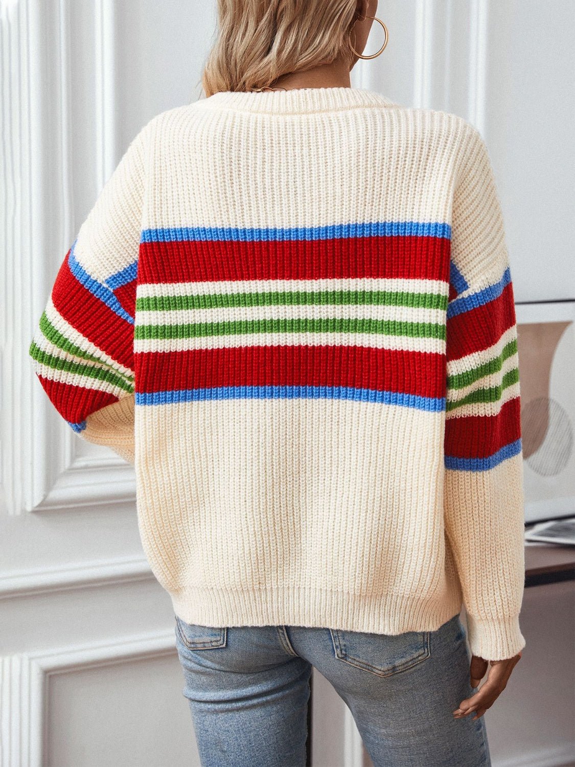 Contrast Stripes Round Neck Long Sleeve Sweater - Bitsy Gypsy Boutique