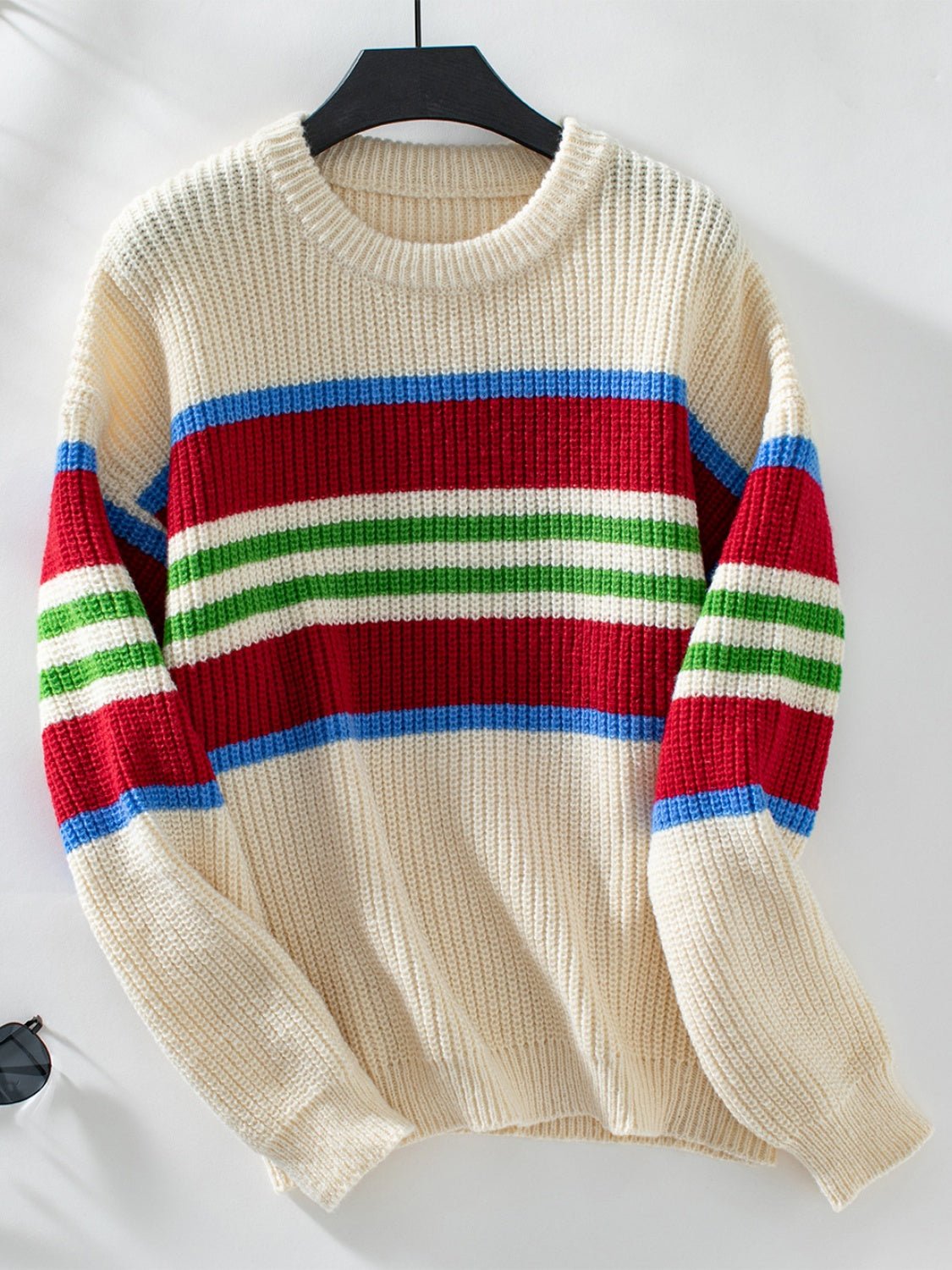 Contrast Stripes Round Neck Long Sleeve Sweater - Bitsy Gypsy Boutique