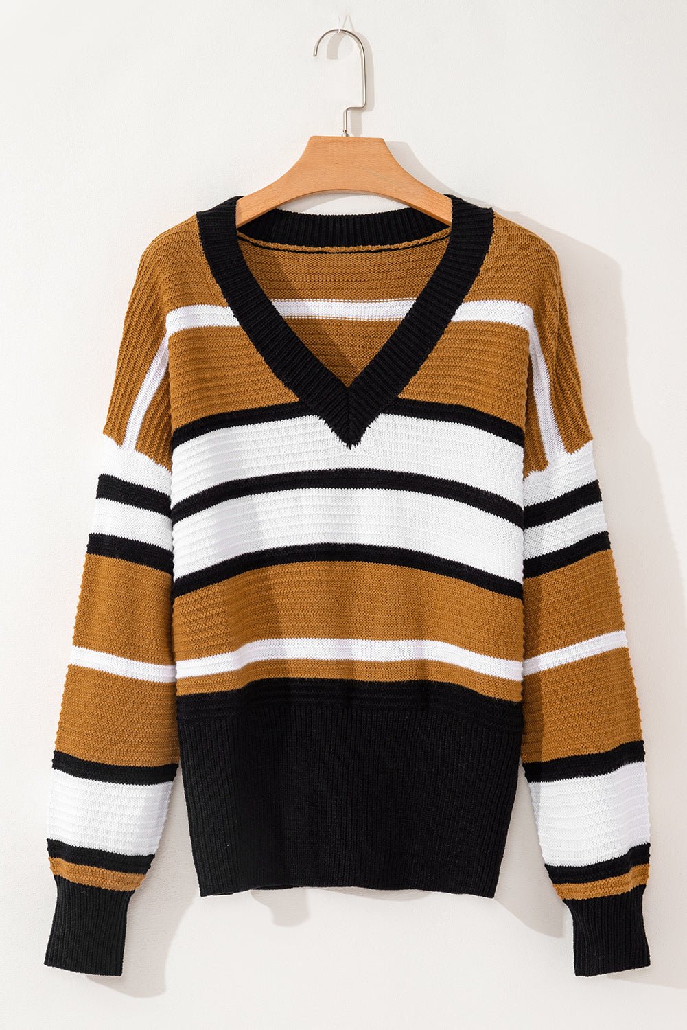 Contrast Stripes V Neck Long Sleeve Sweater - Bitsy Gypsy Boutique