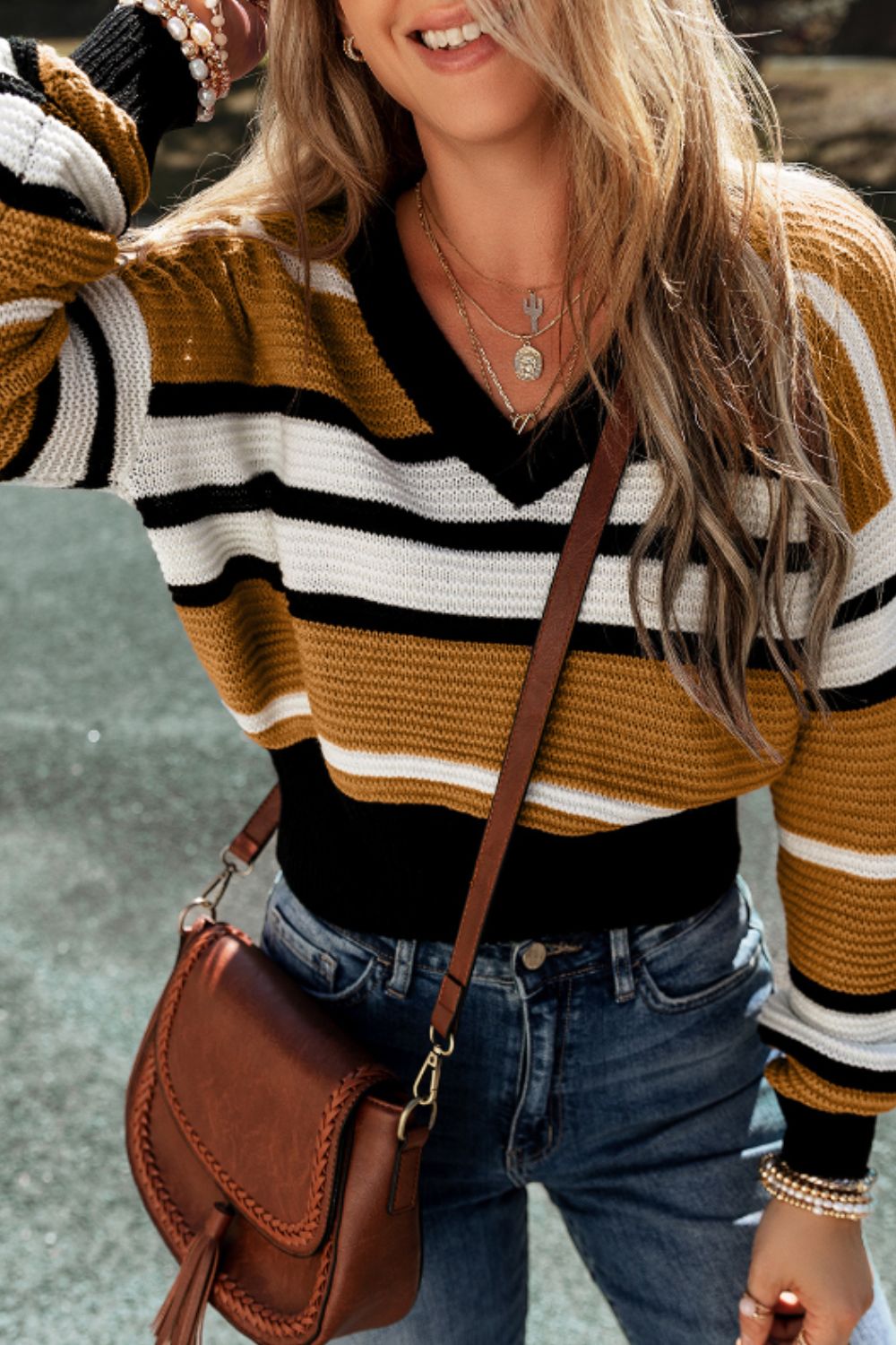 Contrast Stripes V Neck Long Sleeve Sweater - Bitsy Gypsy Boutique