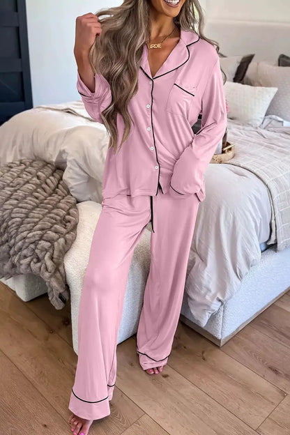 Contrast Trim Button Up Top and Pants Set by Trendsi