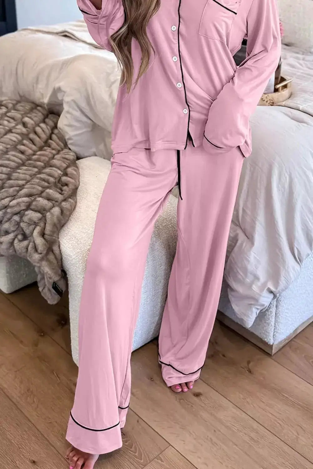 Contrast Trim Button Up Top and Pants Set by Trendsi