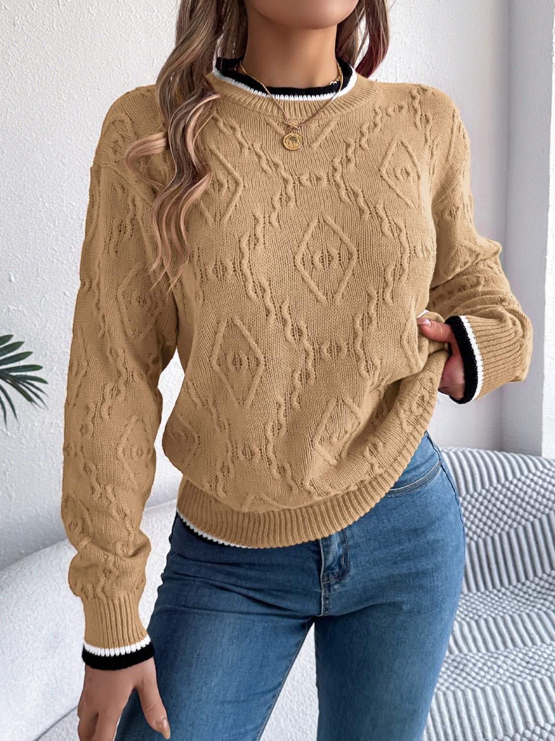 Contrast Trim Round Neck Long Sleeve Sweater - Bitsy Gypsy Boutique