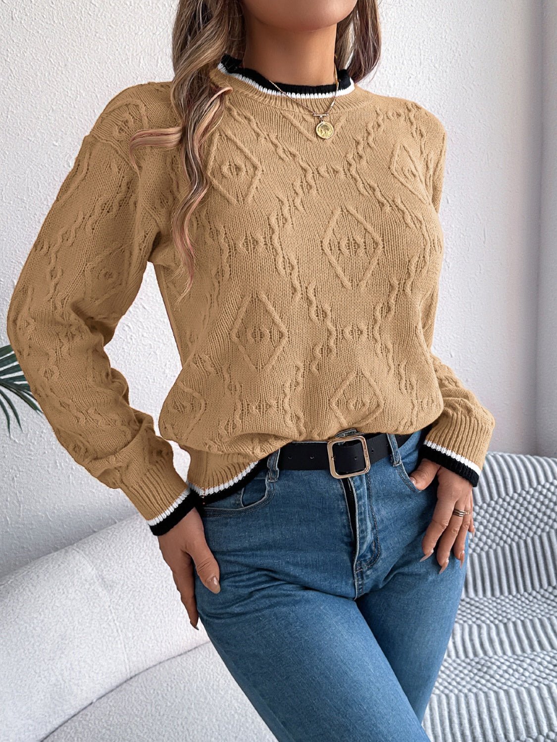 Contrast Trim Round Neck Long Sleeve Sweater - Bitsy Gypsy Boutique