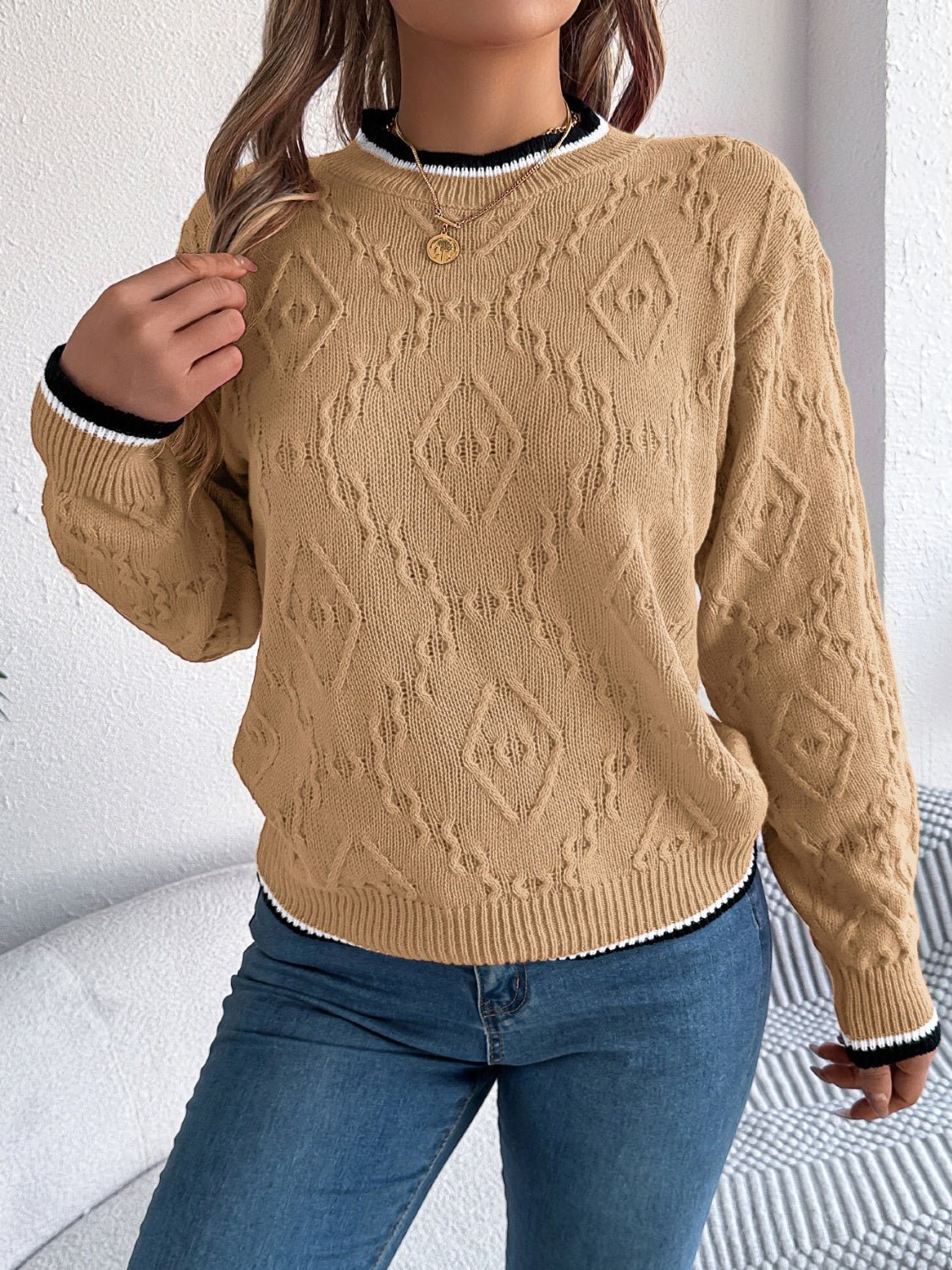 Contrast Trim Round Neck Long Sleeve Sweater - Bitsy Gypsy Boutique