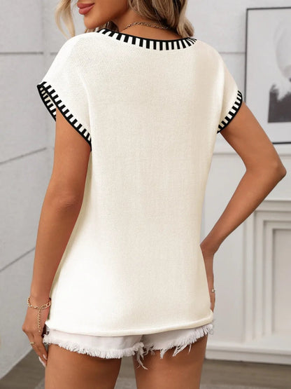 Contrast Trim V - Neck Short Sleeve Knit Top - Bitsy Gypsy Boutique