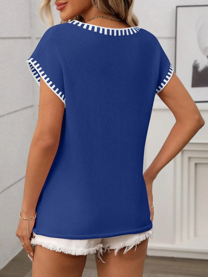Contrast Trim V - Neck Short Sleeve Knit Top - Bitsy Gypsy Boutique
