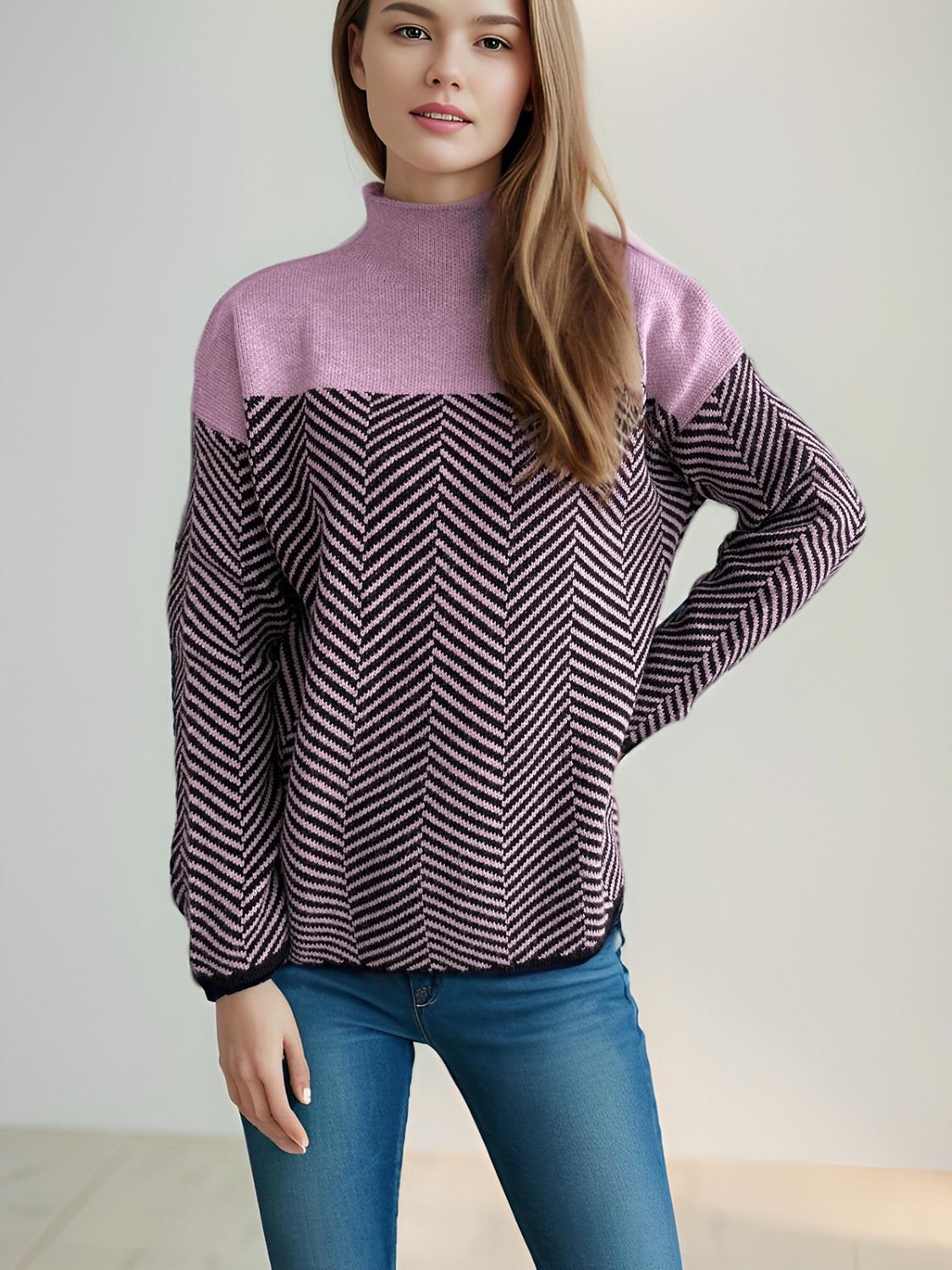 Contrast Turtleneck Long Sleeve Sweater - Bitsy Gypsy Boutique