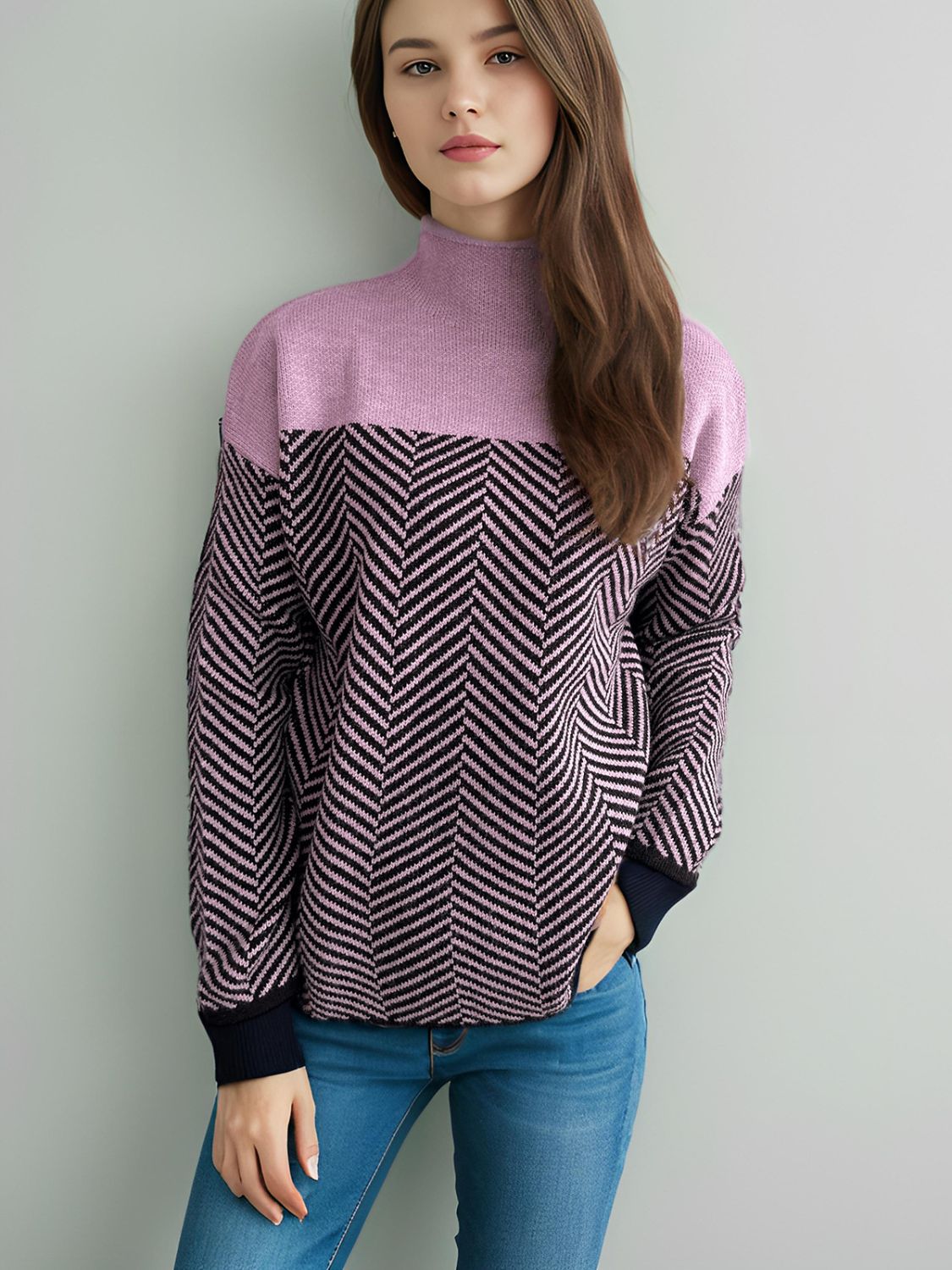 Contrast Turtleneck Long Sleeve Sweater - Bitsy Gypsy Boutique