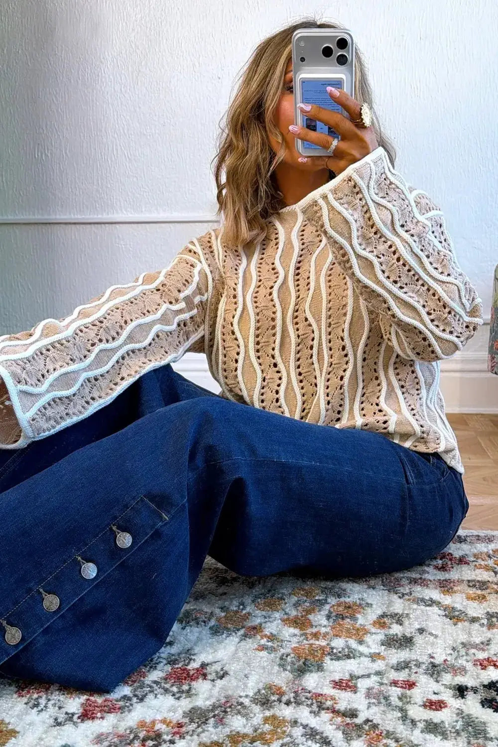 Contrast Wavy Striped Openwork Knit Top by Trendsi