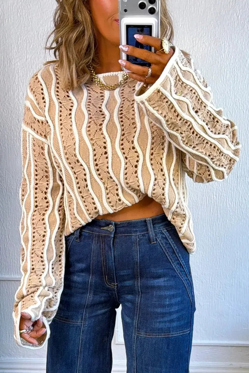 Contrast Wavy Striped Openwork Knit Top by Trendsi