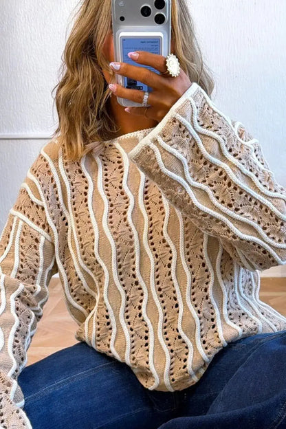 Contrast Wavy Striped Openwork Knit Top by Trendsi