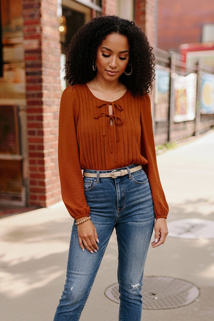 Copper Charm Pleated Blouse - Bitsy Gypsy Boutique