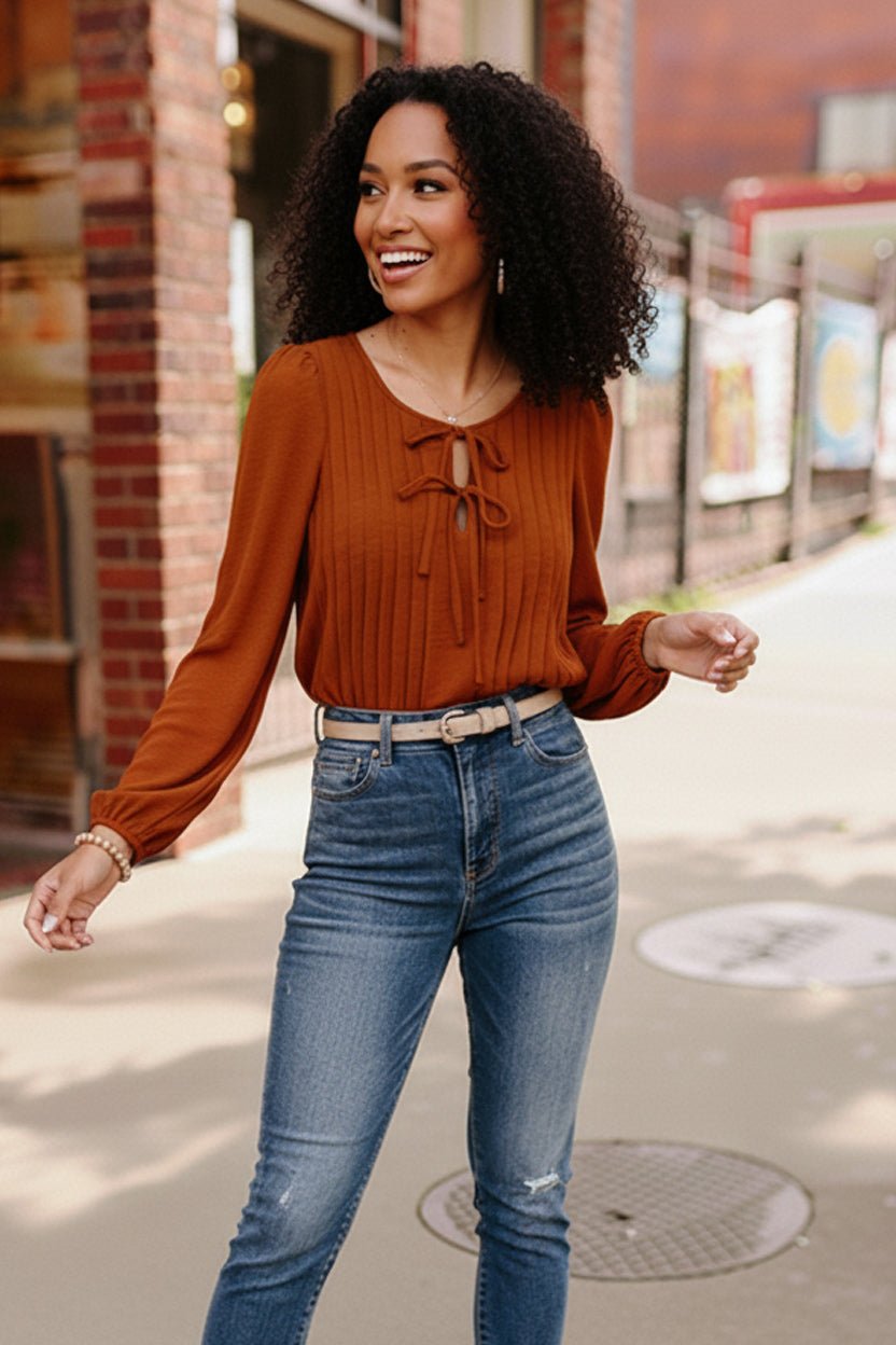 Copper Charm Pleated Blouse - Bitsy Gypsy Boutique