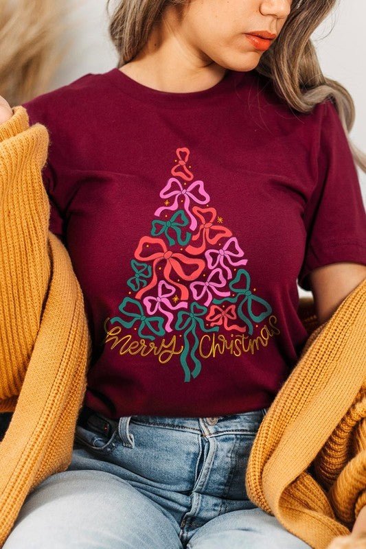 Coquette Bow Christmas Tree Graphic Tee - Bitsy Gypsy Boutique