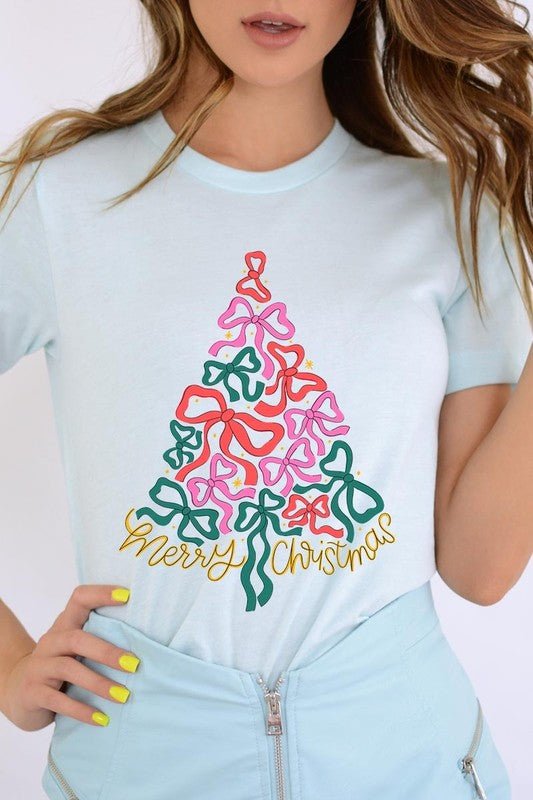 Coquette Bow Christmas Tree Graphic Tee - Bitsy Gypsy Boutique