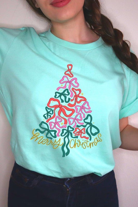 Coquette Bow Christmas Tree Graphic Tee - Bitsy Gypsy Boutique