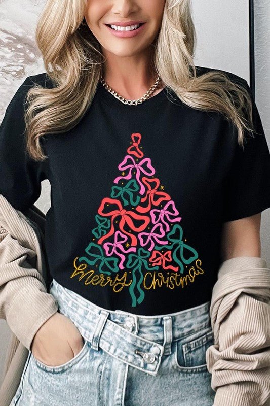 Coquette Bow Christmas Tree Graphic Tee - Bitsy Gypsy Boutique