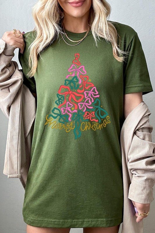 Coquette Bow Christmas Tree Graphic Tee - Bitsy Gypsy Boutique