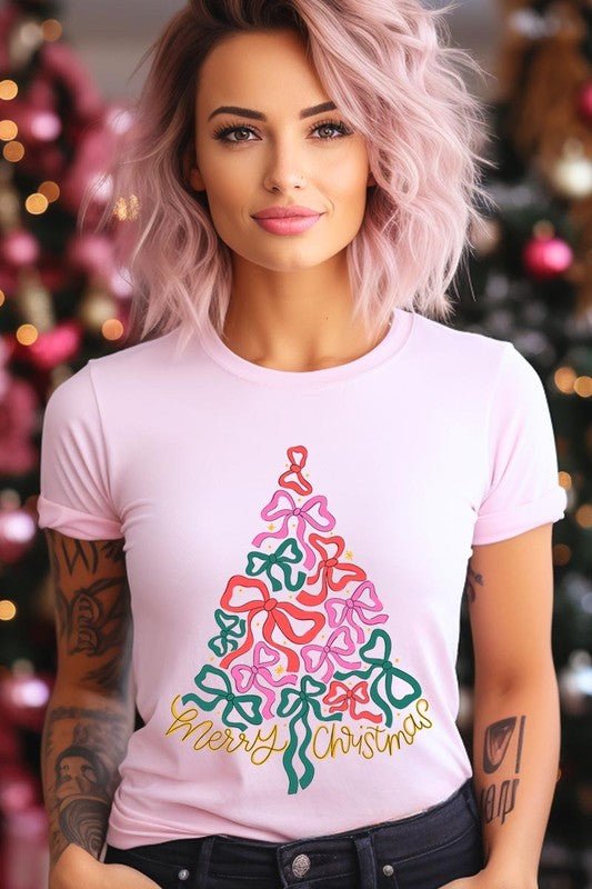 Coquette Bow Christmas Tree Graphic Tee - Bitsy Gypsy Boutique