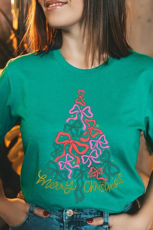 Coquette Bow Christmas Tree Graphic Tee - Bitsy Gypsy Boutique