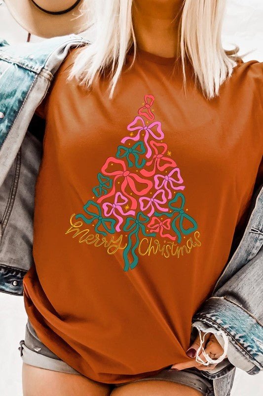 Coquette Bow Christmas Tree Graphic Tee - Bitsy Gypsy Boutique