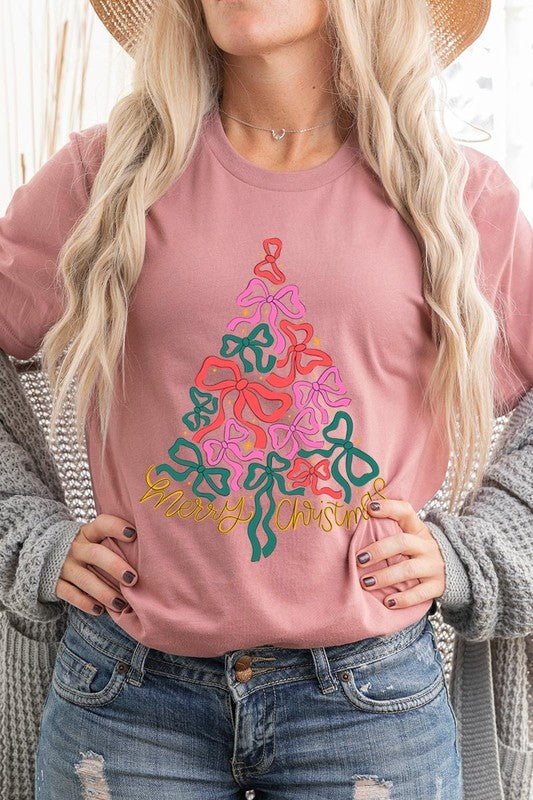 Coquette Bow Christmas Tree Graphic Tee - Bitsy Gypsy Boutique