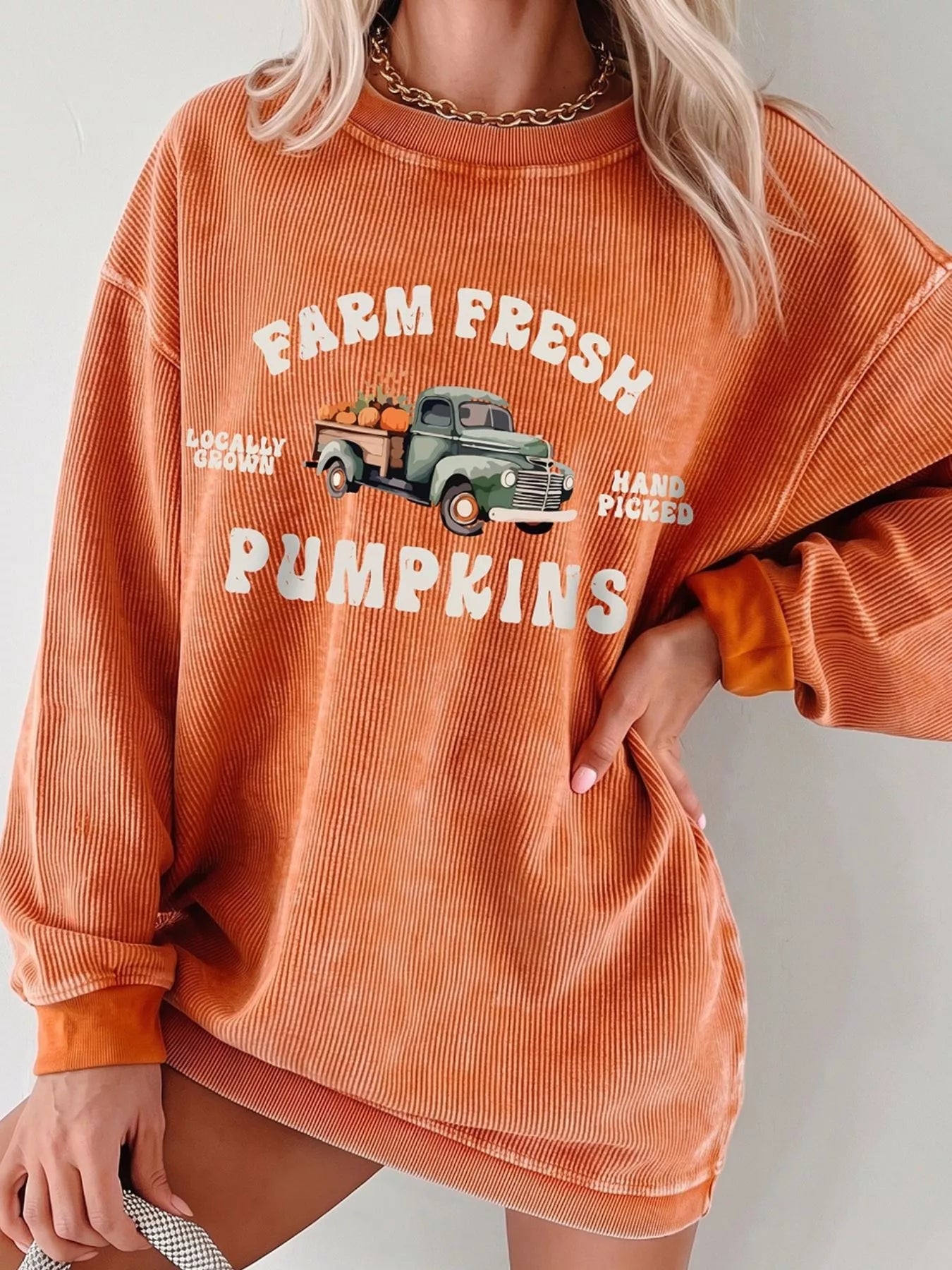 Corded Ribbed Farm Fresh Pumpkins Graphic Sweatshirt - Bitsy Gypsy Boutique