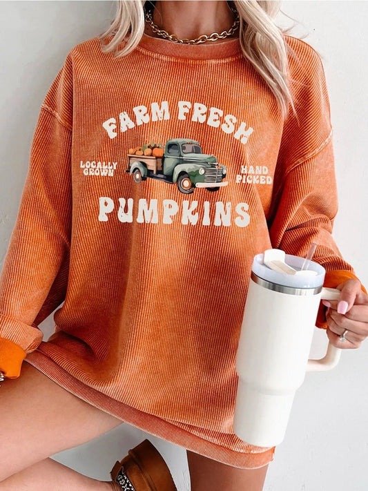 Corded Ribbed Farm Fresh Pumpkins Graphic Sweatshirt - Bitsy Gypsy Boutique
