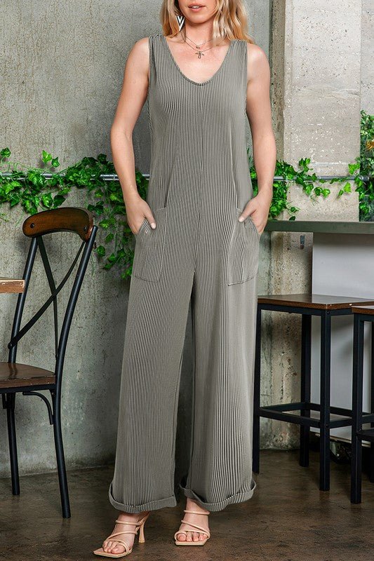 Corded Tie Straps V Neck Wide Leg Jumpsuit - Bitsy Gypsy Boutique