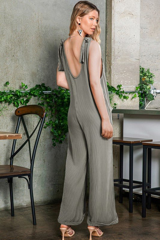 Corded Tie Straps V Neck Wide Leg Jumpsuit - Bitsy Gypsy Boutique