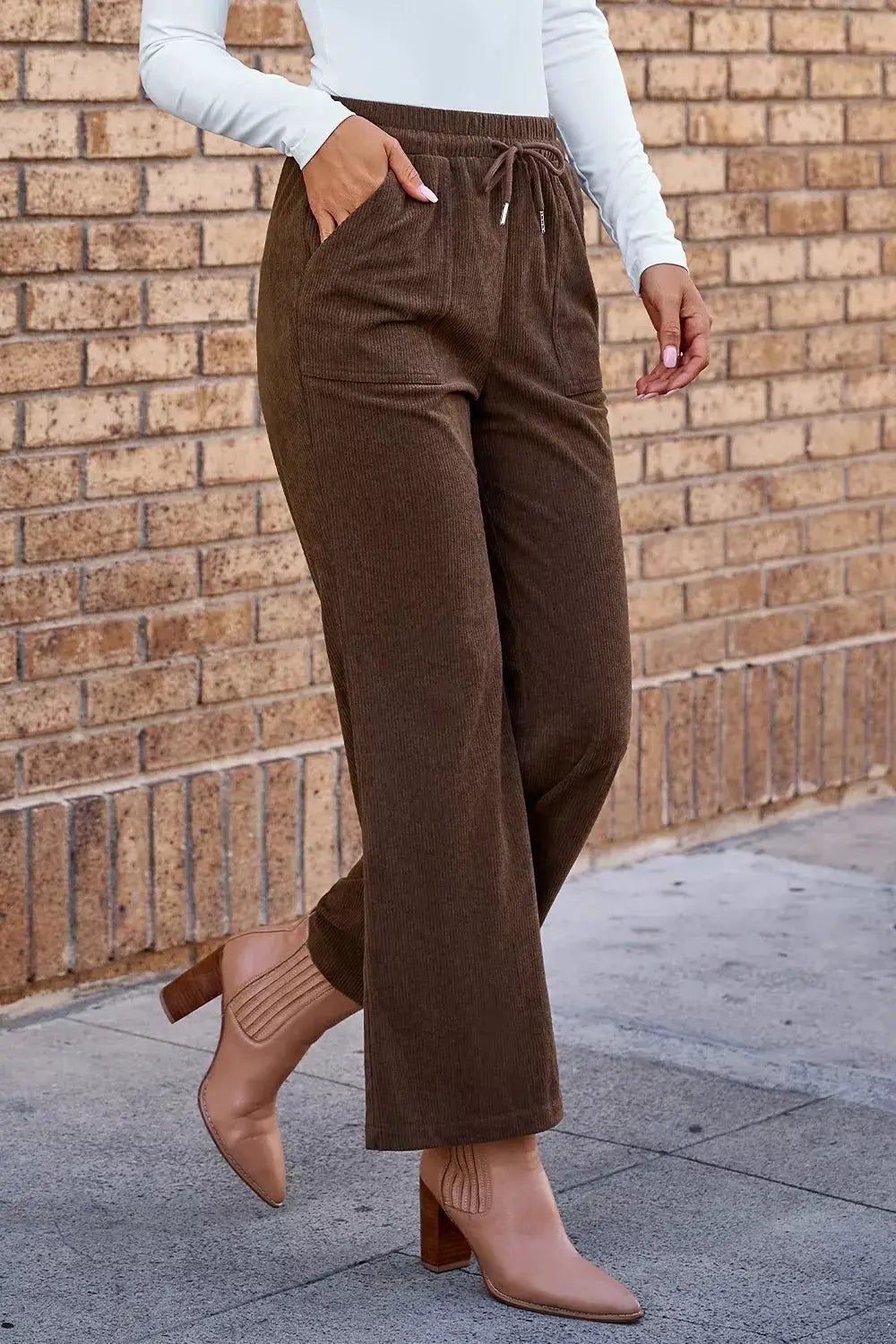 Corduroy Wide-Leg Drawstring Pants by Trendsi
