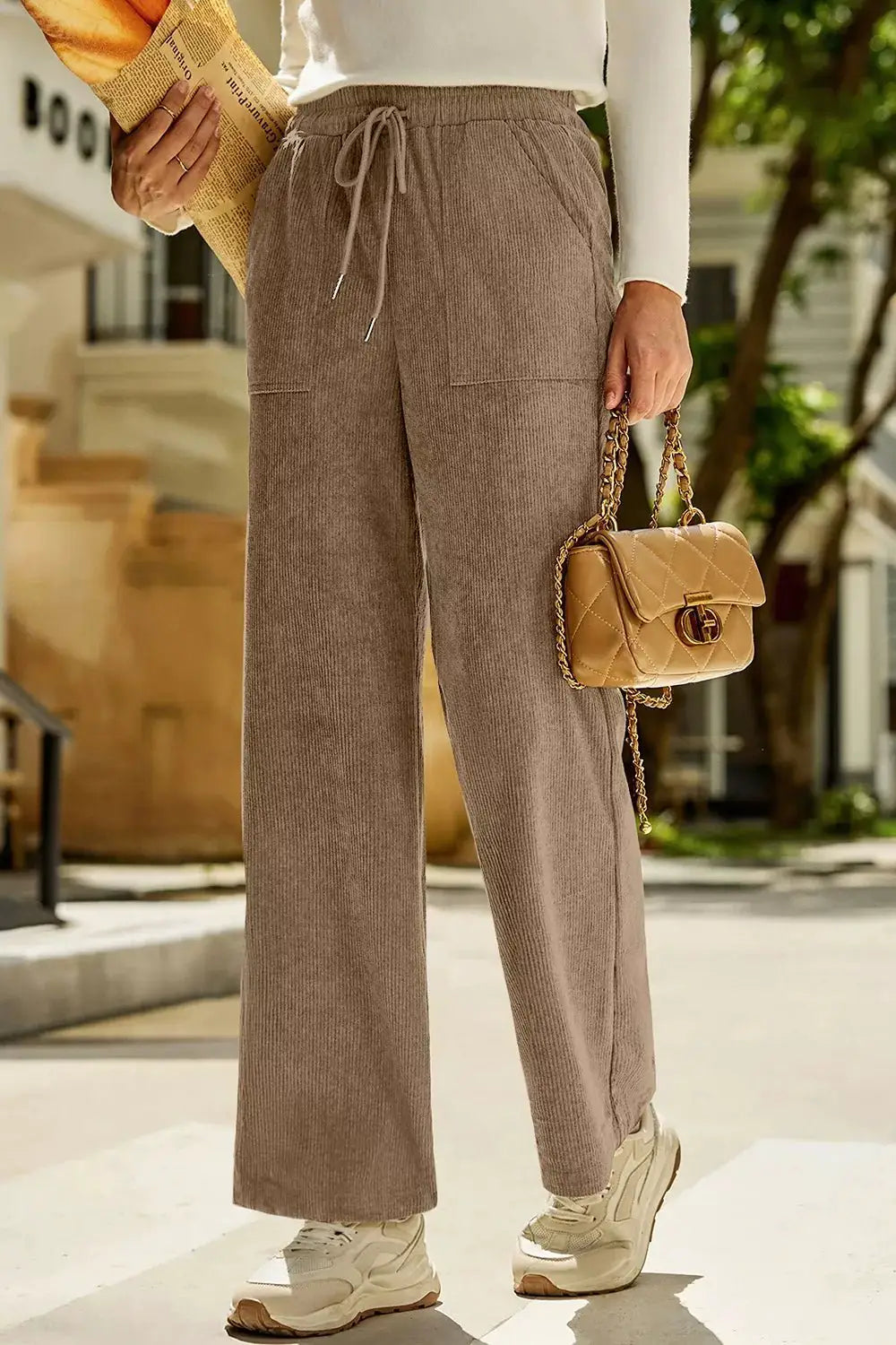 Corduroy Wide-Leg Drawstring Pants by Trendsi