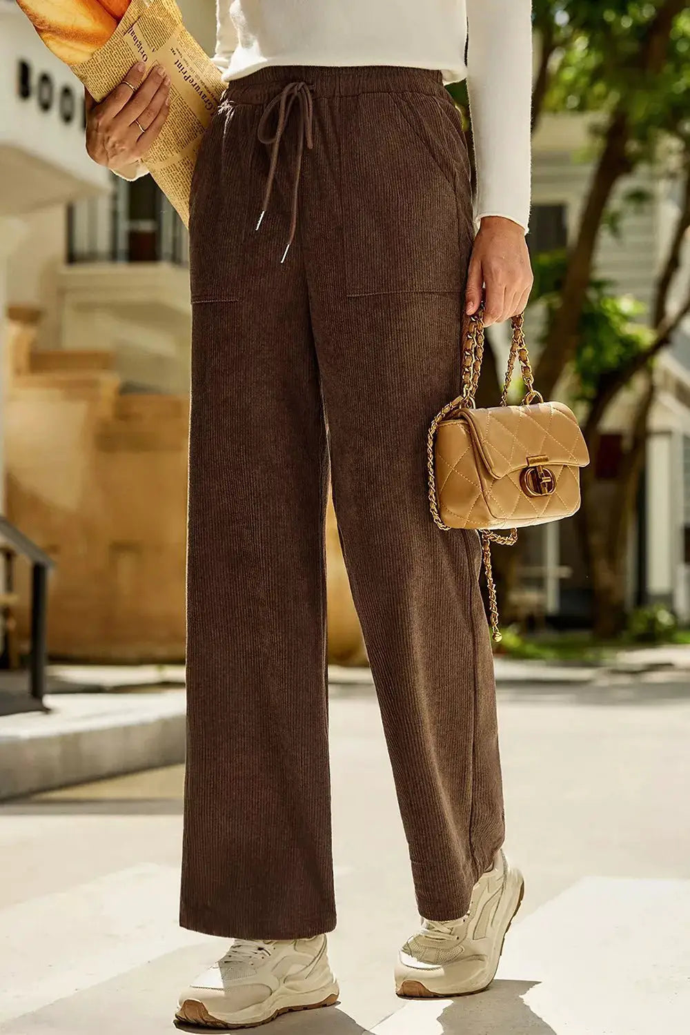 Corduroy Wide-Leg Drawstring Pants by Trendsi