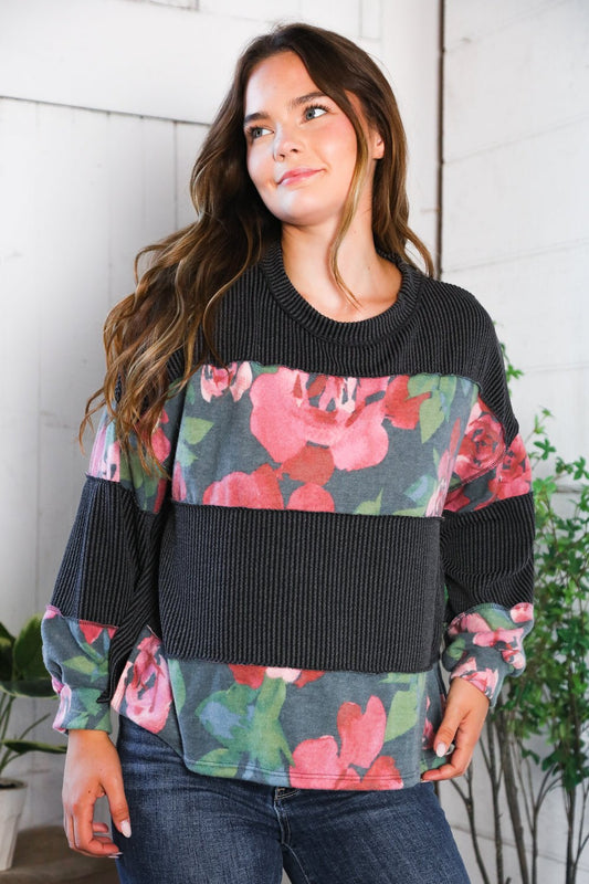 Cottage Roses Charcoal Color Block Long Sleeve - Bitsy Gypsy Boutique