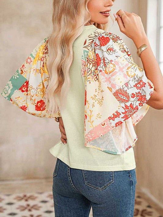 Cotton Beige Floral Patchwork Angel Sleeve Blouse - Bitsy Gypsy Boutique