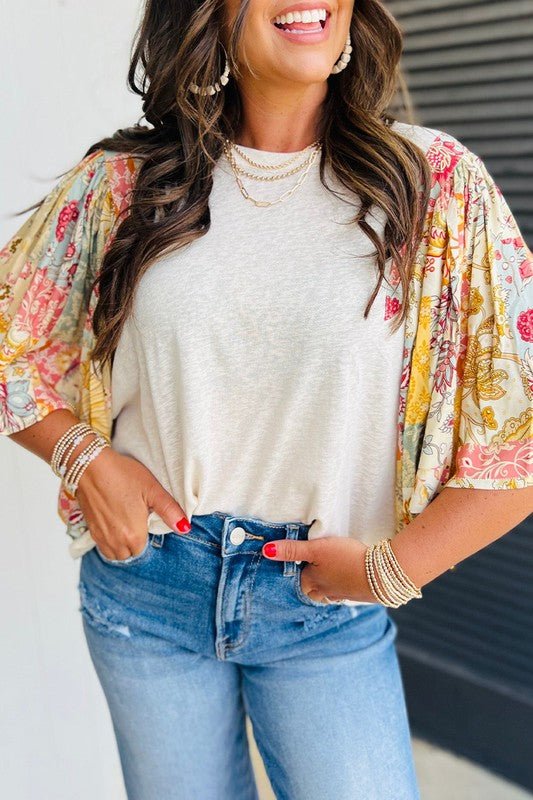 Cotton Beige Floral Patchwork Batwing Blouse - Bitsy Gypsy Boutique