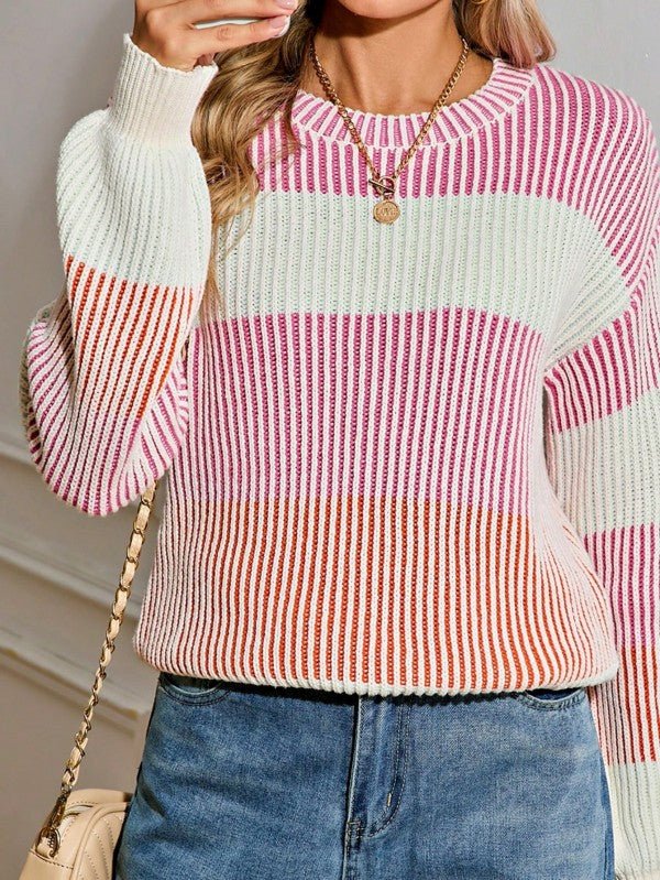 Cotton Color block Lantern Rib Knitted Sweater - Bitsy Gypsy Boutique