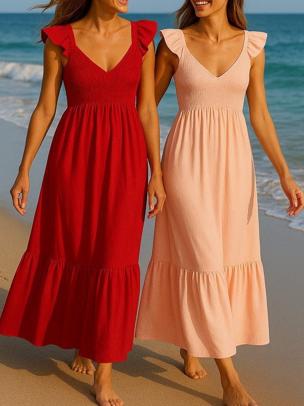 Cotton Flutter Smocked High Waist Ruffle Maxi - Bitsy Gypsy Boutique