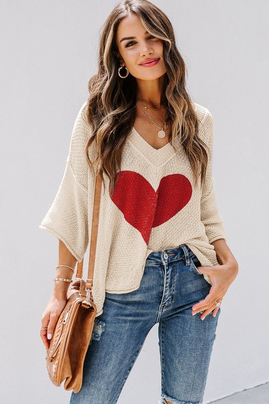 Cotton Khaki Beige cream Casual Heart Knit Sweater - Bitsy Gypsy Boutique