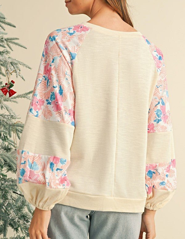 cotton Ribbed Floral Stitch Balloon Pull Over - Bitsy Gypsy Boutique