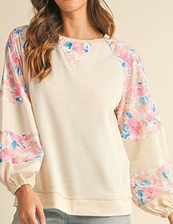 cotton Ribbed Floral Stitch Balloon Pull Over - Bitsy Gypsy Boutique