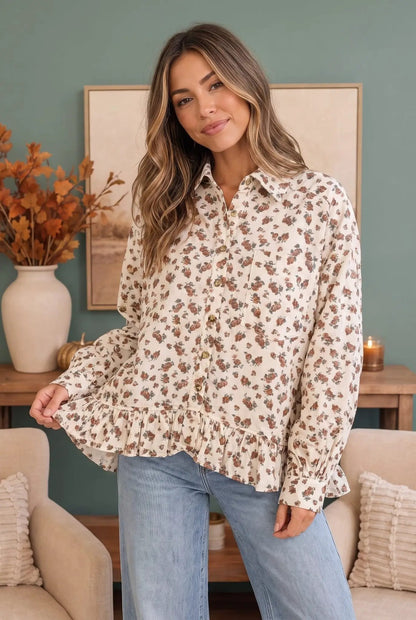 Country House Button Down Cotton Peplum by Haptics
